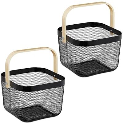 Relaxdays Panier métallique à mailles carrées, lot de 2 paniers avec poignée en bambou, LP: 17,5 x 26 x 24,5 cm, noir Relaxdays Panier métallique à mailles carrées, lot de 2 paniers avec poignée en bambou, LP: 17,5 x 26 x 24,5 cm, noir