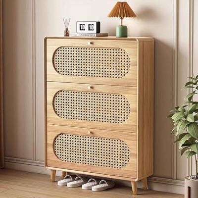 KaBuea Meuble à chaussures en rotin naturel, étagère de rangement à 3 portes pour entrée, placard de rangement spacieux avec portes et étagères, pieds en bois massif robuste KaBuea Meuble à chaussures en rotin naturel, étagère de rangement à 3 portes pour entrée, placard de rangement spacieux avec portes et étagères, pieds en bois massif robuste
