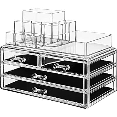 SONGMICS Organisateur de Maquillage, Rangement Cosmétiques, Empilable, en Acrylique, avec 11 Compartiments et 4 Tiroirs, pour Coiffeuse, Chambre, Salle de Bain, Transparent JKA001TP SONGMICS Organisateur de Maquillage, Rangement Cosmétiques, Empilable, en Acrylique, avec 11 Compartiments et 4 Tiroirs, pour Coiffeuse, Chambre, Salle de Bain, Transparent JKA001TP