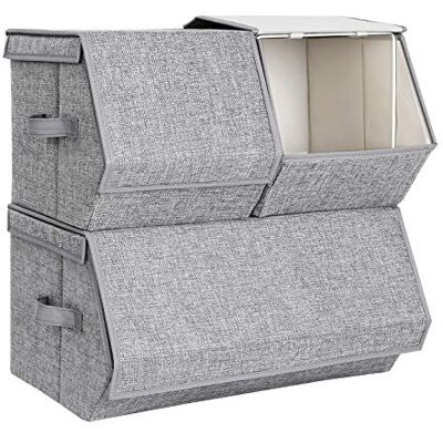 SONGMICS Lot de 3 boîtes de rangement empilables avec couvercles, cadre en métal, fermeture magnétique, pour vêtements, jouets, livres, gris RLB12GY SONGMICS Lot de 3 boîtes de rangement empilables avec couvercles, cadre en métal, fermeture magnétique, pour vêtements, jouets, livres, gris RLB12GY