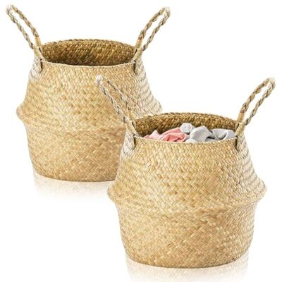 Exquilnova Lot de 2 petits paniers de rangement pliables en jonc de mer pour étagères, boîte de rangement en rotin avec poignée, pot de fleurs en osier pour salon, chambre à coucher, salle de bain (S Exquilnova Lot de 2 petits paniers de rangement pliables en jonc de mer pour étagères, boîte de rangement en rotin avec poignée, pot de fleurs en osier pour salon, chambre à coucher, salle de bain (S