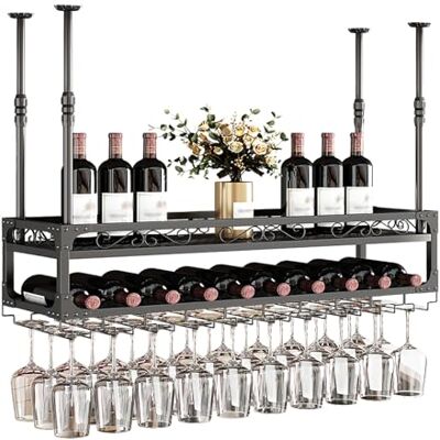 TATITZRO Étagère à vin suspendue avec verre, support de verre à vin monté au plafond, étagère à vin en fer métallique, support réglable industriel pour bouteille de vin, convient pour les verres à vin TATITZRO Étagère à vin suspendue avec verre, support de verre à vin monté au plafond, étagère à vin en fer métallique, support réglable industriel pour bouteille de vin, convient pour les verres à vin