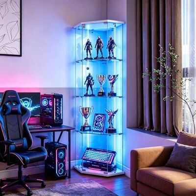 QMTXBYJ Vitrine d'angle en verre trempé avec 1 portes et serrure, 162 cm, vitrine d'angle à 4 couches, vitrine de collection, vitrine d'angle de collection, en verre trempé, bandes lumineuses LED QMTXBYJ Vitrine d'angle en verre trempé avec 1 portes et serrure, 162 cm, vitrine d'angle à 4 couches, vitrine de collection, vitrine d'angle de collection, en verre trempé, bandes lumineuses LED