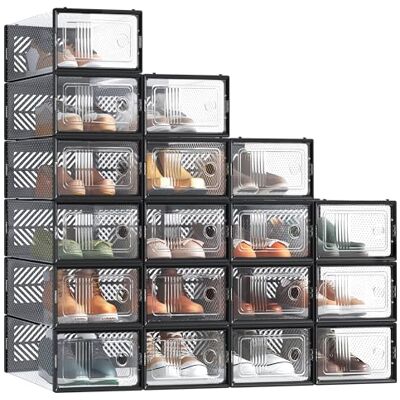SONGMICS Boîtes à Chaussures, Lot de 18, Organisateur Empilable avec Porte Rangement en Plastique Transparent, pour Placard, Noir, 23 x 33,1 x 14 cm, Collection DENNYS LSP106B18 SONGMICS Boîtes à Chaussures, Lot de 18, Organisateur Empilable avec Porte Rangement en Plastique Transparent, pour Placard, Noir, 23 x 33,1 x 14 cm, Collection DENNYS LSP106B18
