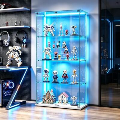 QMTXBYJ Vitrine en Verre avec Bandes LED, 163x78.5x35cm, Armoire de Collection Moderne en Verres à 4 Couches avec 2 Portes et Serrure, 5mm Verre trempé Transparent Armoir de Verres Debout pour Salon, Chambre QMTXBYJ Vitrine en Verre avec Bandes LED, 163x78.5x35cm, Armoire de Collection Moderne en Verres à 4 Couches avec 2 Portes et Serrure, 5mm Verre trempé Transparent Armoir de Verres Debout pour Salon, Chambre