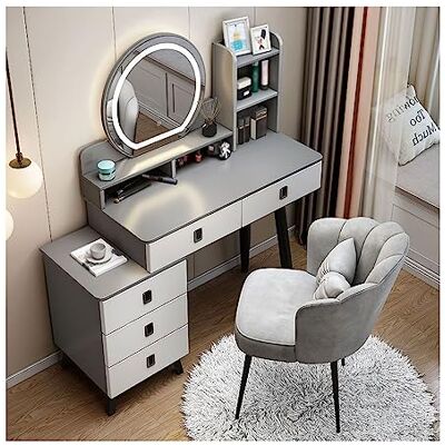 CAFIEDR Meuble de maquillage avec miroir éclairé à écran tactile 3 couleurs, 5 tiroirs et tabouret rembourré, table de maquillage avec buffet pouvant être déplacé à gauche et à droite, commode (gris B CAFIEDR Meuble de maquillage avec miroir éclairé à écran tactile 3 couleurs, 5 tiroirs et tabouret rembourré, table de maquillage avec buffet pouvant être déplacé à gauche et à droite, commode (gris B