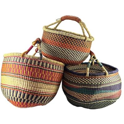Ciffre Grand panier rond Bolga Panier original Afrique Ghana Panier à provisions Poignée en cuir Commerce équitable Ca : 35-40 cm Ciffre Grand panier rond Bolga Panier original Afrique Ghana Panier à provisions Poignée en cuir Commerce équitable Ca : 35-40 cm