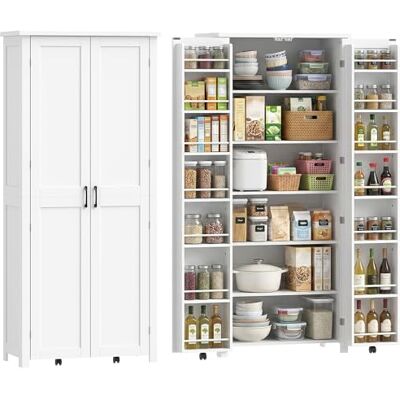 HOMCOM Buffet de cuisine haut 180 cm, meuble de garde-manger avec roues, doubles portes, 6 étagères, 14 compartiments porte-épices sur la porte, étagères réglables, meuble de cuisine pour salle à HOMCOM Buffet de cuisine haut 180 cm, meuble de garde-manger avec roues, doubles portes, 6 étagères, 14 compartiments porte-épices sur la porte, étagères réglables, meuble de cuisine pour salle à