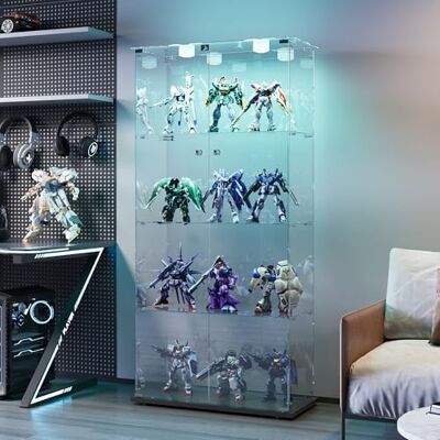 FEEOHOME Vitrine en Verre avec LED, vitrine de Collection en Verre, Transparent vitrine avec 4 Couches avec 2 Portes, sur Pied Vitrines trempé pour Salon, Chambre à Coucher FEEOHOME Vitrine en Verre avec LED, vitrine de Collection en Verre, Transparent vitrine avec 4 Couches avec 2 Portes, sur Pied Vitrines trempé pour Salon, Chambre à Coucher