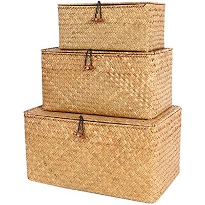 FEILANDUO Lot de 3 paniers d'étagère rectangulaires avec couvercle pour décoration d'intérieur en jonc de mer naturel tressé FEILANDUO Lot de 3 paniers d'étagère rectangulaires avec couvercle pour décoration d'intérieur en jonc de mer naturel tressé