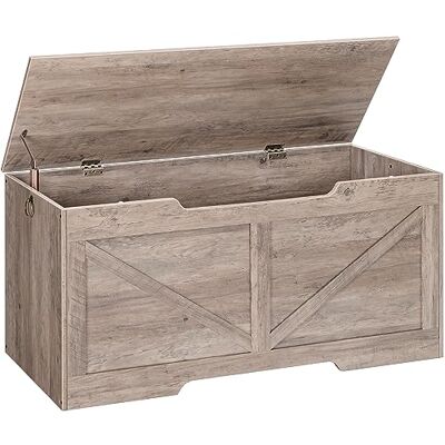 HOOBRO Banc de rangement, coffre de rangement rétro en bois de 110 cm avec tirette en forme de U, charnière de sécurité, supporte 100 kg et assemblage facile pour organiseur de boîte à jouets (Greige HOOBRO Banc de rangement, coffre de rangement rétro en bois de 110 cm avec tirette en forme de U, charnière de sécurité, supporte 100 kg et assemblage facile pour organiseur de boîte à jouets (Greige