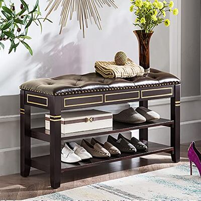 DSeenLeap Banc à chaussures en cuir avec boutons de qualité supérieure, banc d'entrée vintage en bois, banc de rangement pour chaussures, bel organisateur de chaussures d'entrée décoratif (D 50,8 x DSeenLeap Banc à chaussures en cuir avec boutons de qualité supérieure, banc d'entrée vintage en bois, banc de rangement pour chaussures, bel organisateur de chaussures d'entrée décoratif (D 50,8 x