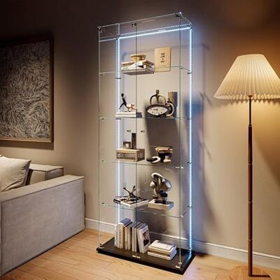 QMTXBYJ Vitrine en Verre avec Bandes LED, 187,3x77x39cm, Armoire de Collection Moderne en Verres à 5 Couches avec 2 Portes et Serrure, 5mm Verre trempé Transparent Armoir de Verres Debout pour Salon, Chambre QMTXBYJ Vitrine en Verre avec Bandes LED, 187,3x77x39cm, Armoire de Collection Moderne en Verres à 5 Couches avec 2 Portes et Serrure, 5mm Verre trempé Transparent Armoir de Verres Debout pour Salon, Chambre