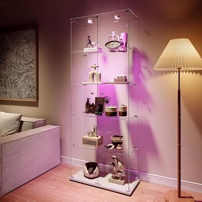 QMTXBYJ Vitrine en Verre avec éclairage LED, 187,3x77x39cm, Armoire de Collection Moderne en Verres à 5 Couches avec 2 Portes et Serrure, 5mm Verres trempé Transparent Armoir de Verres Debout pour Salon QMTXBYJ Vitrine en Verre avec éclairage LED, 187,3x77x39cm, Armoire de Collection Moderne en Verres à 5 Couches avec 2 Portes et Serrure, 5mm Verres trempé Transparent Armoir de Verres Debout pour Salon
