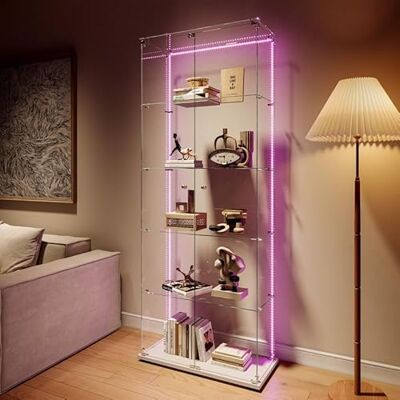QMTXBYJ Vitrine en Verre avec Bandes LED, 187,3x77x39cm, Armoire de Collection Moderne en Verres à 5 Couches avec 2 Portes et Serrure, 5mm Verre trempé Transparent Armoir de Verres Debout pour Salon, Chambre QMTXBYJ Vitrine en Verre avec Bandes LED, 187,3x77x39cm, Armoire de Collection Moderne en Verres à 5 Couches avec 2 Portes et Serrure, 5mm Verre trempé Transparent Armoir de Verres Debout pour Salon, Chambre