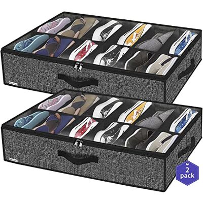 homyfort Lot de 2 Sac De Rangement pour Chaussures avec fenêtre Transparente Organiseur à Chaussures pour Rangement 12 Compartiments boîte de Rangement sous Le lit, Noir Tissu en Lin, XAUBSB2P homyfort Lot de 2 Sac De Rangement pour Chaussures avec fenêtre Transparente Organiseur à Chaussures pour Rangement 12 Compartiments boîte de Rangement sous Le lit, Noir Tissu en Lin, XAUBSB2P