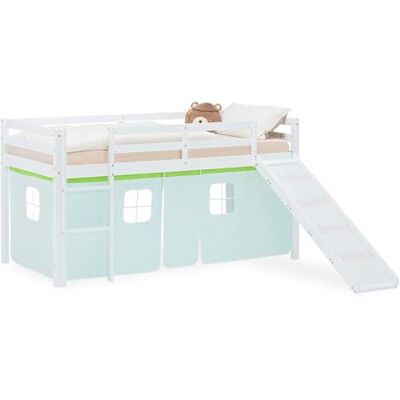 Homestyle4u Lit mezzanine avec toboggan 90 x 200 cm, blanc, lit d'enfant, en bois de pin, avec rideau vert, article 2968 Homestyle4u Lit mezzanine avec toboggan 90 x 200 cm, blanc, lit d'enfant, en bois de pin, avec rideau vert, article 2968