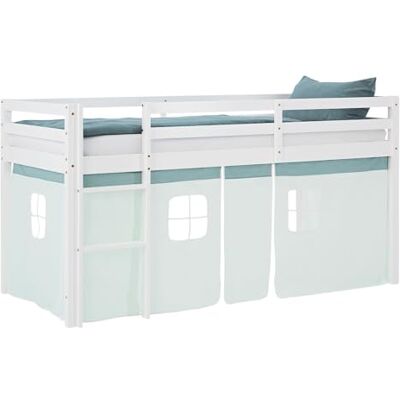 Homestyle4u 2930 Lit mezzanine 90 x 200 cm Avec rideau et escalier Cadre de lit en bois de pin blanc Homestyle4u 2930 Lit mezzanine 90 x 200 cm Avec rideau et escalier Cadre de lit en bois de pin blanc