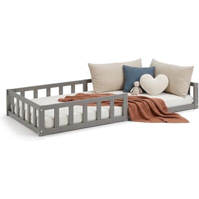 Homestyle4u lit pour enfant, gris, protection anti-chute, 90 x 200 cm, lit de sol Montessori à lattes, chambre d'enfant, article 2928 Homestyle4u lit pour enfant, gris, protection anti-chute, 90 x 200 cm, lit de sol Montessori à lattes, chambre d'enfant, article 2928