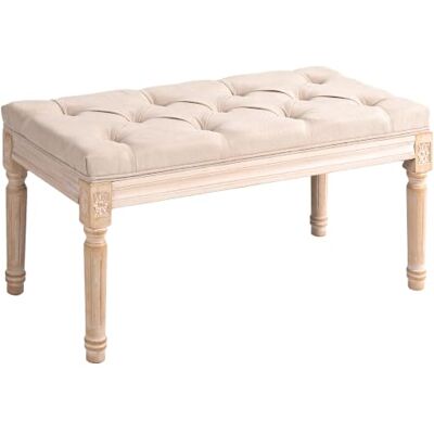 HOMCOM banc capitonné avec boutons aspect lin 80x40x43cm Beige Banc de lit vintage, banc de couloir, charge max 120 kg HOMCOM banc capitonné avec boutons aspect lin 80x40x43cm Beige Banc de lit vintage, banc de couloir, charge max 120 kg