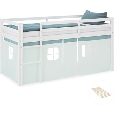 Homestyle4u Lit mezzanine pour enfant 90 x 200 cm avec rideau et sommier à lattes, escalier, vert, cadre de lit en bois de pin blanc Homestyle4u Lit mezzanine pour enfant 90 x 200 cm avec rideau et sommier à lattes, escalier, vert, cadre de lit en bois de pin blanc
