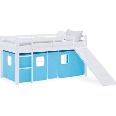 Homestyle4u Lit mezzanine, 90 x 200 cm, en bois de pin, avec toboggan, blanc, avec rideau bleu, article 2986 Homestyle4u Lit mezzanine, 90 x 200 cm, en bois de pin, avec toboggan, blanc, avec rideau bleu, article 2986