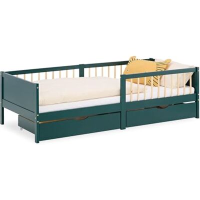 Homestyle4u Lit d'enfant 90 x 200 cm, vert, protection des bords de lit, 2 tiroirs, en bois de pin, lit simple Homestyle4u Lit d'enfant 90 x 200 cm, vert, protection des bords de lit, 2 tiroirs, en bois de pin, lit simple