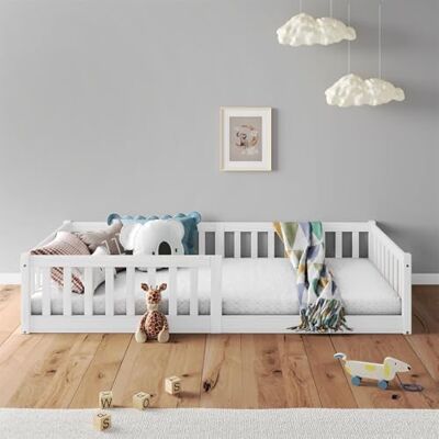 IDIMEX Lit Enfant Gustavo lit au Sol 90x190 cm d'inspiration Montessori, avec barrières de Protection, en pin Massif lasuré Blanc IDIMEX Lit Enfant Gustavo lit au Sol 90x190 cm d'inspiration Montessori, avec barrières de Protection, en pin Massif lasuré Blanc