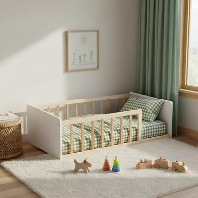 Terre de Nuit Lit enfant inspiration Montessori au sol à barreaux naturel et blanc 90x190 Terre de Nuit Lit enfant inspiration Montessori au sol à barreaux naturel et blanc 90x190