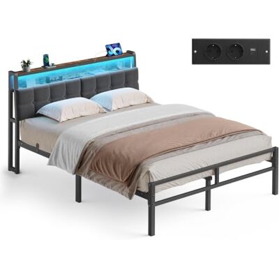 VASAGLE Lit 140x200, avec LED, Prises et Rangement Cadre de Lit Silencieux, 218,3 x 140,5 x 104,5 cm, Mat Zwart et Rustiek Bruin, Collection CONNER, RMB124G101 VASAGLE Lit 140x200, avec LED, Prises et Rangement Cadre de Lit Silencieux, 218,3 x 140,5 x 104,5 cm, Mat Zwart et Rustiek Bruin, Collection CONNER, RMB124G101