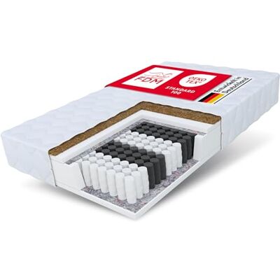 FDM Matelas 140 x 190 cm Dureté H3 H4 Hauteur 17 cm Matelas à ressorts ensachés Insert en fibre de coco Mousse de polyuréthane 7 zones de confort Avec housse hypoallergénique et lavable FDM Matelas 140 x 190 cm Dureté H3 H4 Hauteur 17 cm Matelas à ressorts ensachés Insert en fibre de coco Mousse de polyuréthane 7 zones de confort Avec housse hypoallergénique et lavable