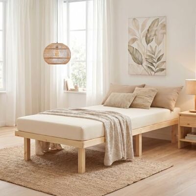 Homestyle4u Lit en bois de pin massif 90 x 200 cm avec matelas et sommier à lattes, cadre de lit en bois de pin massif, lit simple, article 3129 Homestyle4u Lit en bois de pin massif 90 x 200 cm avec matelas et sommier à lattes, cadre de lit en bois de pin massif, lit simple, article 3129