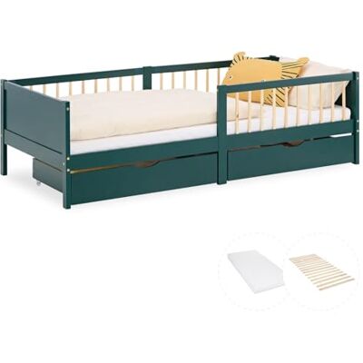 Homestyle4u Lit en bois, 90 x 200 cm, avec matelas et sommier à lattes, 2 tiroirs, espace de rangement, protection anti-chute, vert en pin Homestyle4u Lit en bois, 90 x 200 cm, avec matelas et sommier à lattes, 2 tiroirs, espace de rangement, protection anti-chute, vert en pin
