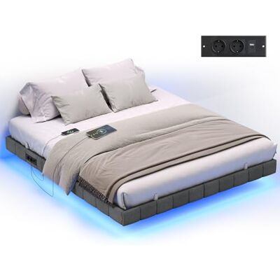 VASAGLE Cadre de Lit Flottant, Lit Double en Métal, 160 x 200 cm avec Éclairage LED et Prises, Ports USB, sans Tête de Lit, Gris Plomb, Collection KACY RMB165G101 VASAGLE Cadre de Lit Flottant, Lit Double en Métal, 160 x 200 cm avec Éclairage LED et Prises, Ports USB, sans Tête de Lit, Gris Plomb, Collection KACY RMB165G101