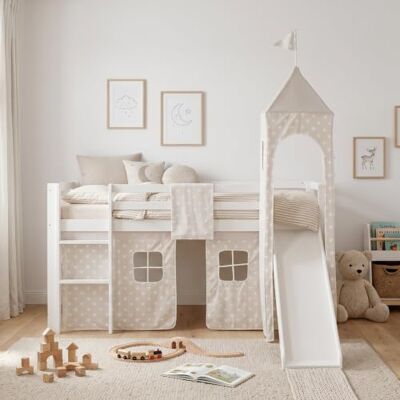 Homestyle4u Lit mezzanine, blanc, 90 x 200 cm, avec matelas, sommier à lattes, rideau pour enfant, toboggan, tour en pin massif, protection anti-chute Homestyle4u Lit mezzanine, blanc, 90 x 200 cm, avec matelas, sommier à lattes, rideau pour enfant, toboggan, tour en pin massif, protection anti-chute