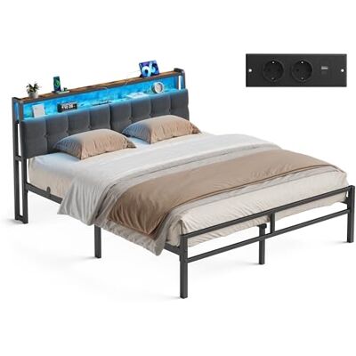 VASAGLE Cadre de Lit avec LED et Prises, 160 x 200 cm Lit avec Rangement, 218,3 x 160,5 x 104,5 cm, Chambre, Mat Zwart et Rustiek Bruin, Collection CONNER, RMB125G101 VASAGLE Cadre de Lit avec LED et Prises, 160 x 200 cm Lit avec Rangement, 218,3 x 160,5 x 104,5 cm, Chambre, Mat Zwart et Rustiek Bruin, Collection CONNER, RMB125G101