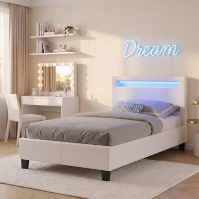 IDIMEX Lit LED Simple 90x190 cm avec sommier, tête de lit Confortable, lit 1 Place revêtement synthétique Blanc, LUCENO IDIMEX Lit LED Simple 90x190 cm avec sommier, tête de lit Confortable, lit 1 Place revêtement synthétique Blanc, LUCENO