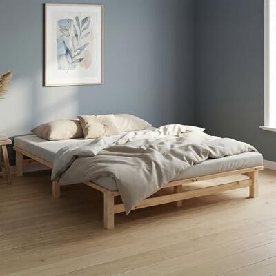 Homestyle4u Lit en bois de pin 160 x 200 cm avec sommier à lattes, cadre de lit futon, 160 x 200 cm, en bois massif naturel non traité Homestyle4u Lit en bois de pin 160 x 200 cm avec sommier à lattes, cadre de lit futon, 160 x 200 cm, en bois massif naturel non traité