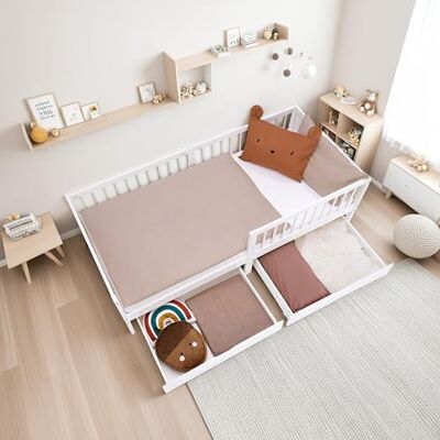 Homestyle4u Lit pour enfant, 90 x 200 cm, avec matelas, sommier à lattes, espace de rangement, 2 tiroirs, protection anti-chute, en pin massif, blanc Homestyle4u Lit pour enfant, 90 x 200 cm, avec matelas, sommier à lattes, espace de rangement, 2 tiroirs, protection anti-chute, en pin massif, blanc