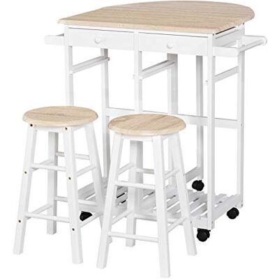 HOMCOM Ensemble Table de Bar Pliable sur roulettes 2 tabourets Blanc HOMCOM Ensemble Table de Bar Pliable sur roulettes 2 tabourets Blanc