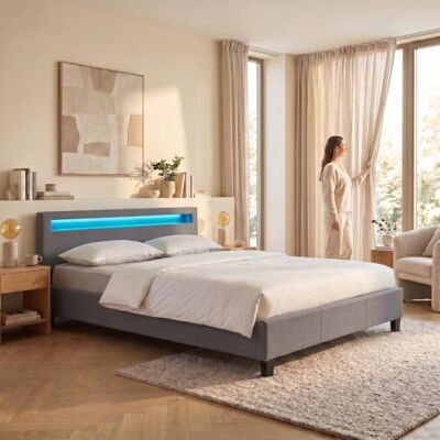 IDIMEX Lit LED Double 140x190 cm avec sommier, tête de lit Confortable, lit 1 Place revêtement en Tissu Gris, Rioja IDIMEX Lit LED Double 140x190 cm avec sommier, tête de lit Confortable, lit 1 Place revêtement en Tissu Gris, Rioja
