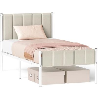 VASAGLE Cadre de lit simple 90 x 200 cm avec tête de lit rembourrée, cadre de lit en acier, supporte jusqu'à 250 kg, montage facile, beige cappuccino RMB972LH01 VASAGLE Cadre de lit simple 90 x 200 cm avec tête de lit rembourrée, cadre de lit en acier, supporte jusqu'à 250 kg, montage facile, beige cappuccino RMB972LH01