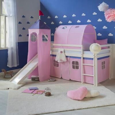 Homestyle4u 2555 Lit mezzanine, pour enfant, blanc, 90 x 200 cm, en bois de pin rose, tour, tunnel, échelle, rideau, toboggan, sommier à lattes Homestyle4u 2555 Lit mezzanine, pour enfant, blanc, 90 x 200 cm, en bois de pin rose, tour, tunnel, échelle, rideau, toboggan, sommier à lattes