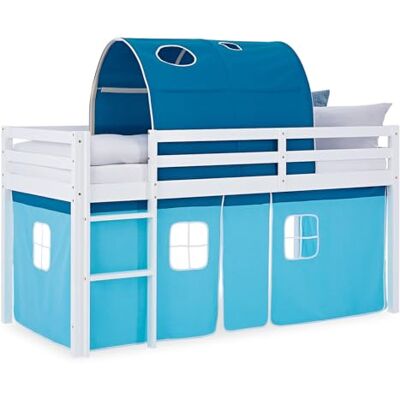 Homestyle4u Lit mezzanine, 90 x 200 cm, bleu, avec protection anti-chute, rideau bleu clair, tunnel de lit, en bois de pin massif, pour enfant Homestyle4u Lit mezzanine, 90 x 200 cm, bleu, avec protection anti-chute, rideau bleu clair, tunnel de lit, en bois de pin massif, pour enfant