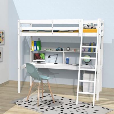 Weber Lit Mezzanine Studio 90x190 + 1 sommier + Caisson 3 tiroirs + Bureau + étagère/Blanc Weber Lit Mezzanine Studio 90x190 + 1 sommier + Caisson 3 tiroirs + Bureau + étagère/Blanc