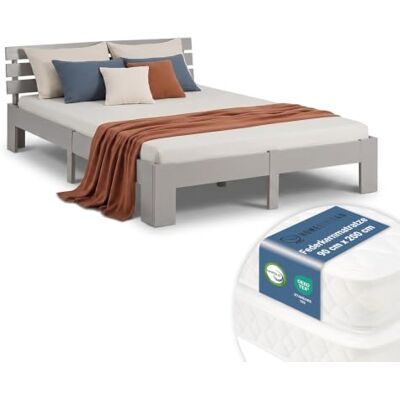 Homestyle4u Lit en bois 180 x 200 cm gris avec matelas et sommier à lattes Lit double en pin massif et MDF, gris laqué avec matelas et sommier à lattes roulants, bords arrondis, tête de lit 67 cm Homestyle4u Lit en bois 180 x 200 cm gris avec matelas et sommier à lattes Lit double en pin massif et MDF, gris laqué avec matelas et sommier à lattes roulants, bords arrondis, tête de lit 67 cm