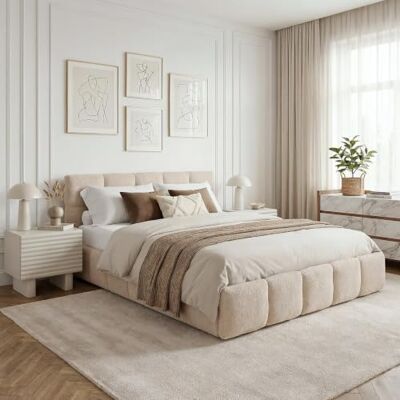 IDIMEX Lit Double Cloudy, Rembourré 160 x 200 cm Queen Size, Beige, Design Bubble, Confort Optimal avec Sommier à Lattes Inclus, StyleContemporain pour Chambre Adulte, Tête de Lit Capitonnée IDIMEX Lit Double Cloudy, Rembourré 160 x 200 cm Queen Size, Beige, Design Bubble, Confort Optimal avec Sommier à Lattes Inclus, StyleContemporain pour Chambre Adulte, Tête de Lit Capitonnée