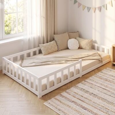 Homestyle4u Montessori Lit de sol pour enfant avec protection anti-chute Lit bas en pin massif avec sommier à lattes – Lit en bois sûr pour les tout-petits pour dormir et jouer Homestyle4u Montessori Lit de sol pour enfant avec protection anti-chute Lit bas en pin massif avec sommier à lattes – Lit en bois sûr pour les tout-petits pour dormir et jouer