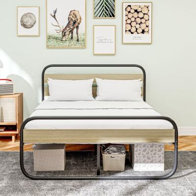 HOMCOM Cadre de Lit Double 140 x 190 cm Rangement Sommier Aspect Bois Lit 2 Personnes, Style Industriel, Tête et Pied, Montage Facile, Bois et Acier HOMCOM Cadre de Lit Double 140 x 190 cm Rangement Sommier Aspect Bois Lit 2 Personnes, Style Industriel, Tête et Pied, Montage Facile, Bois et Acier