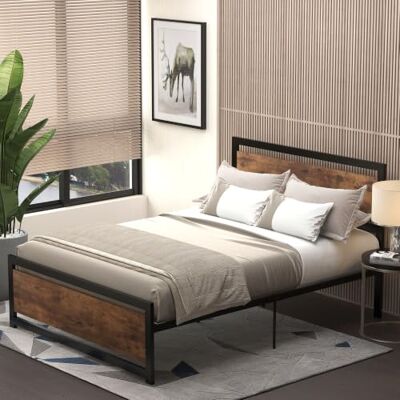 HOMCOM Cadre de Lit Double avec Sommier 190 x 140 cm Aspect Bois Foncé en Acier, Tête de Lit, Compatible Matelas HOMCOM Cadre de Lit Double avec Sommier 190 x 140 cm Aspect Bois Foncé en Acier, Tête de Lit, Compatible Matelas